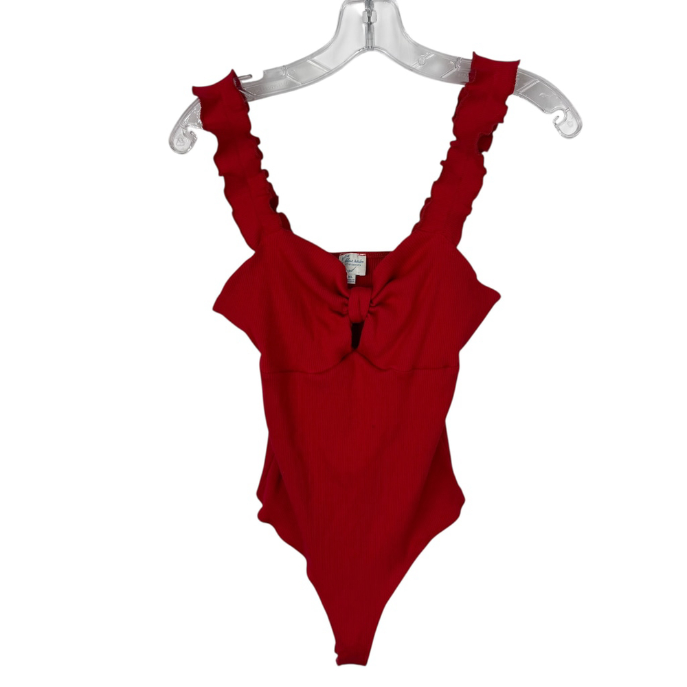 Francesca’s Red Ribbed Ruffle Strap Bodysuit XL Valentine Romantic Stretch - Picture 2 of 10